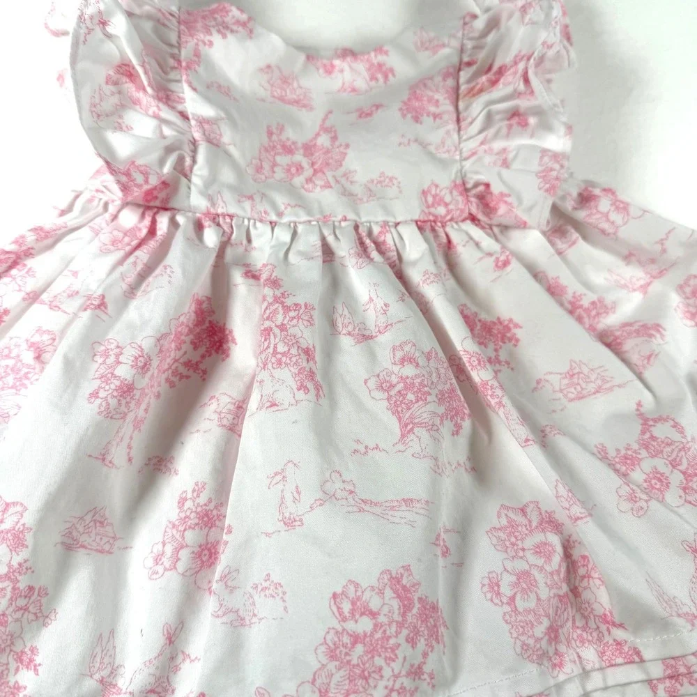 Janie‎ and Jack Baby Girls Pink White Toile Bunny Ruffle Dress 3-6 Months